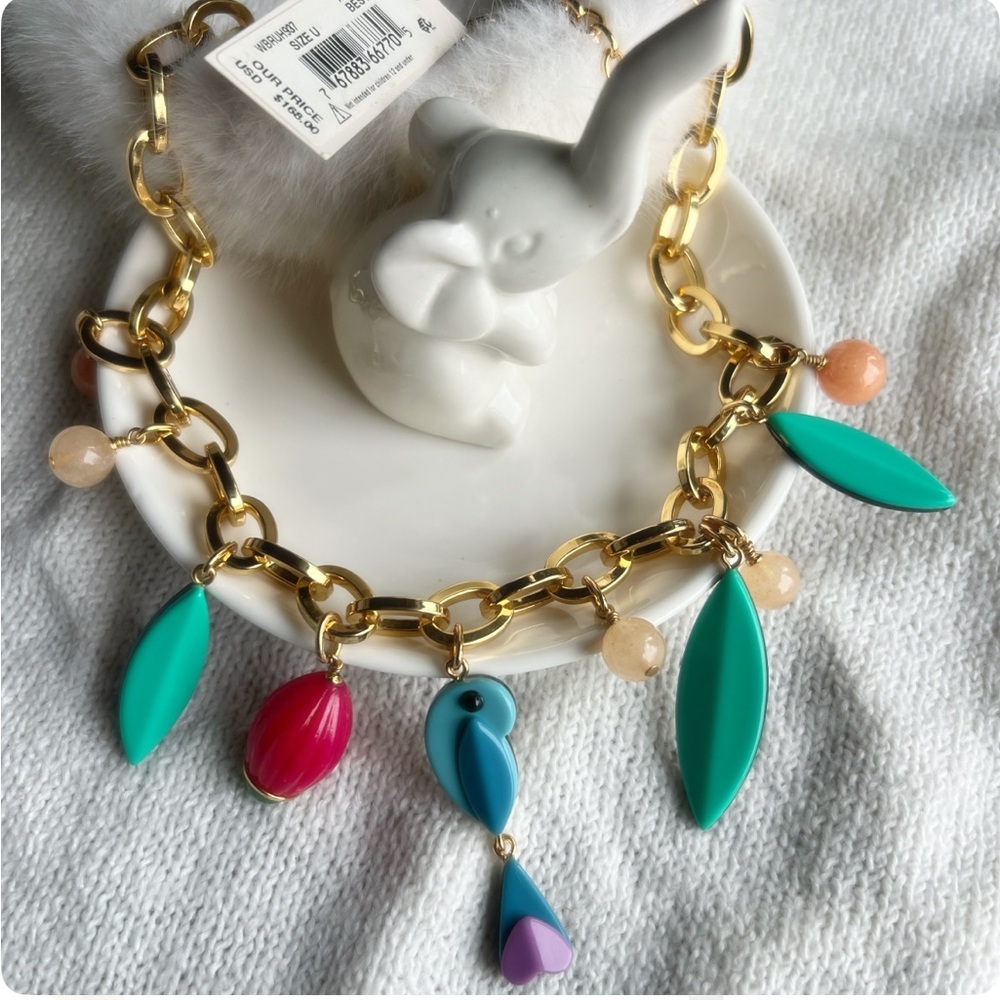 Kendra Scott Gold Chain Bracelet with Teal Leaves, Pink Bead & Coral Accents